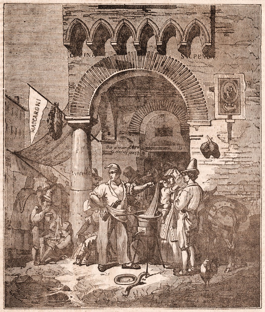 Marchand cuisinant des pâtes dans une casserole, scène italienne (gravure) - Unknown artist