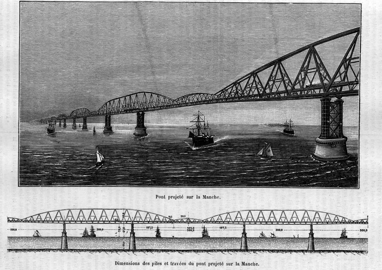 Projet de pont métallique sur la Manche : en haut, le pont une fois terminé ; en bas, les dimensions des piles et travées du pont projeté. Gravure dans « Le Journal de la jeunesse » - Unknown artist