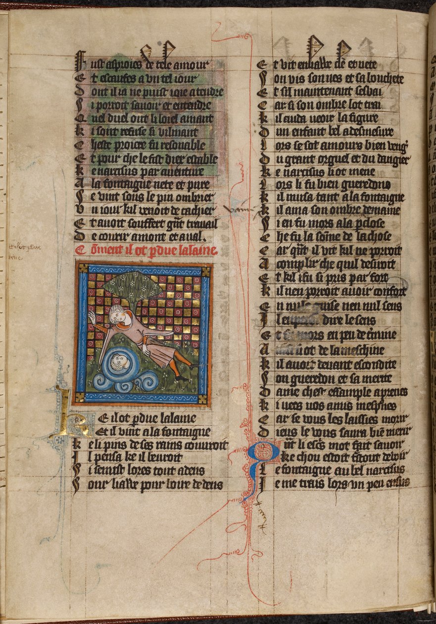 Miniature de Narcisse admirant son reflet dans une fontaine, de 
