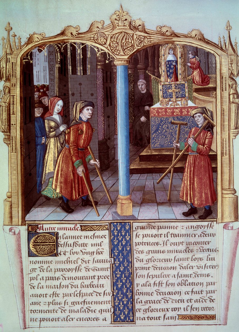 Miracle de Saint Louis (1214-1270) : un guerrier boiteux avec des béquilles. Miniature dans « Vie et miracles de Saint Louis » - Unknown artist