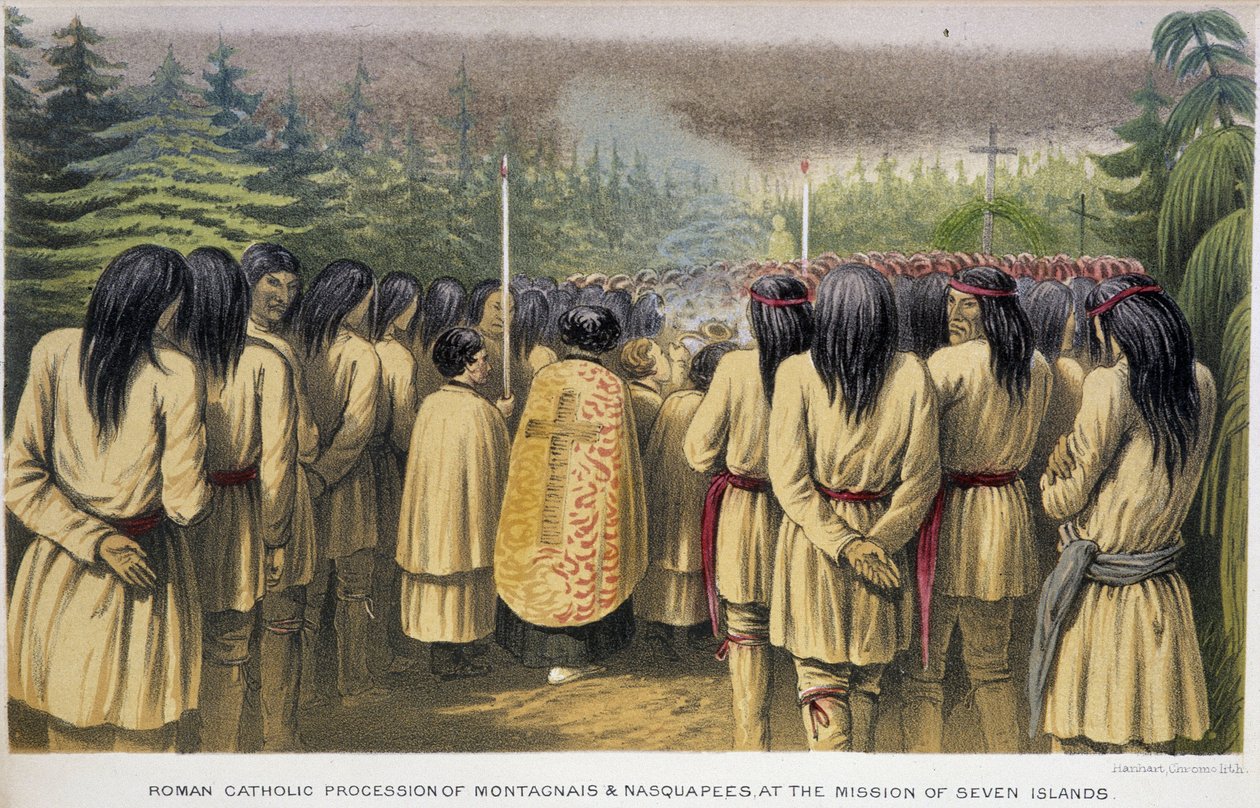 Mission des Sept Îles : procession catholique des Montagnais et Nasquapées à la Maison des Sept Îles - dans « Exploration of the Labrador Peninsula » par Hind, Londres - Unknown artist