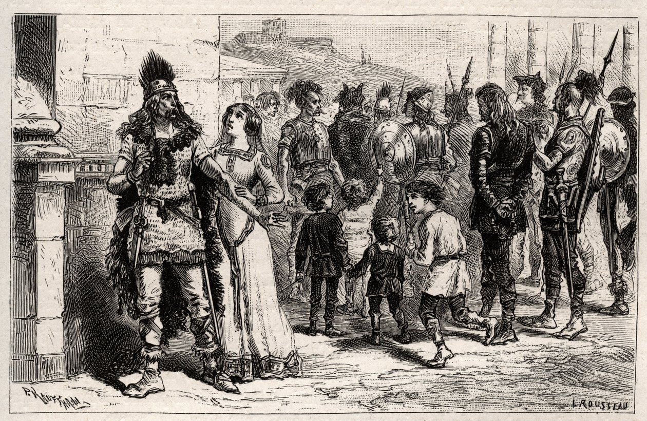 Émue par ce triste spectacle, Théodechilde ou Thichilde (fille de Thierry I) (morte en 534) demande la vie et la liberté du captif - gravure dans « Les Femmes Illustres De La France » par Oscar Havard - 1886 - Unknown artist