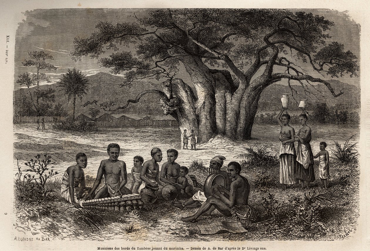 Musiciens jouant de la marimba sur les rives du fleuve Zambèze - Unknown artist
