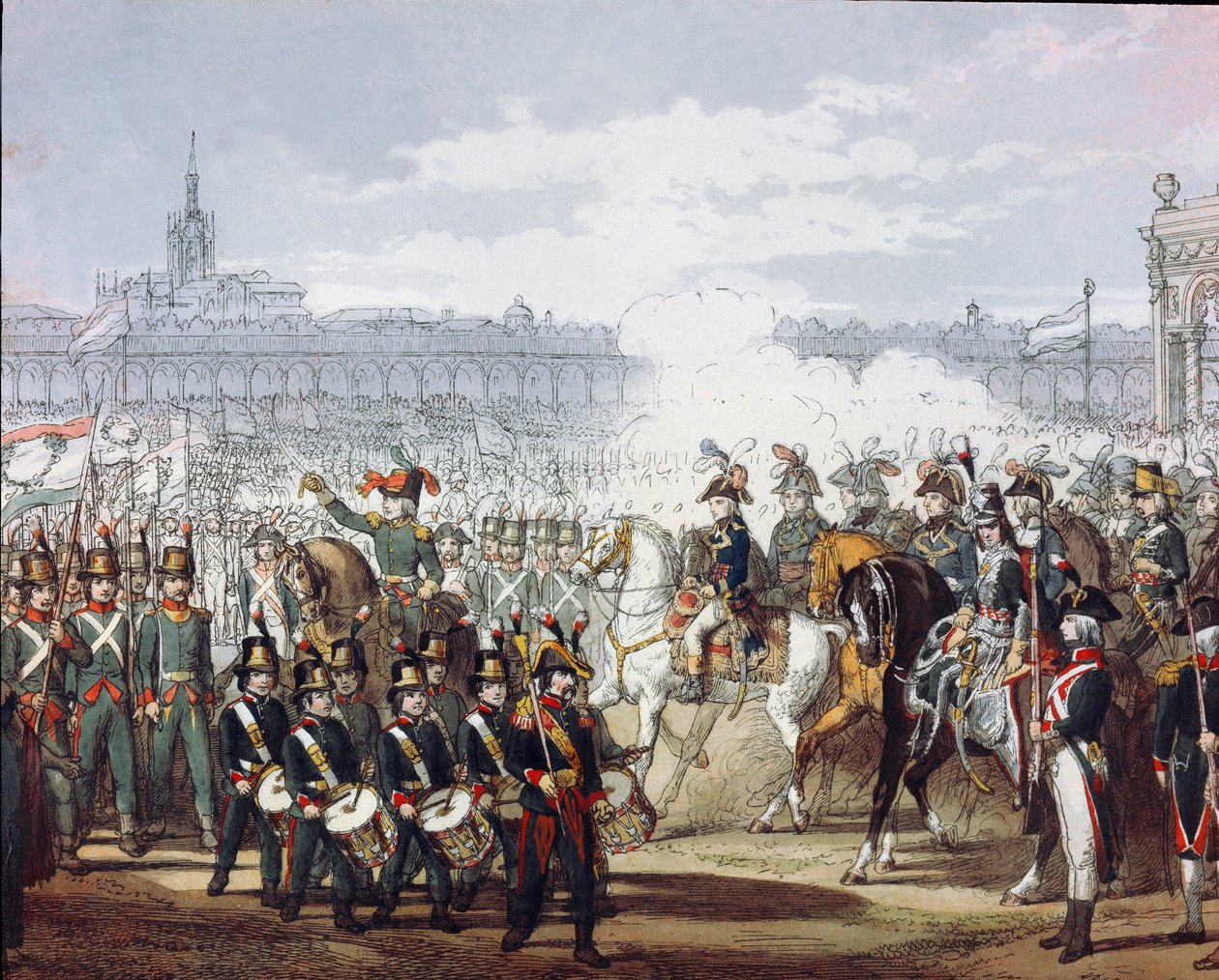 Napoléon Bonaparte (1769-1821) passe en revue la légion lombarde et cisalpine de la milice le 09/07/1797 Gravure à l
