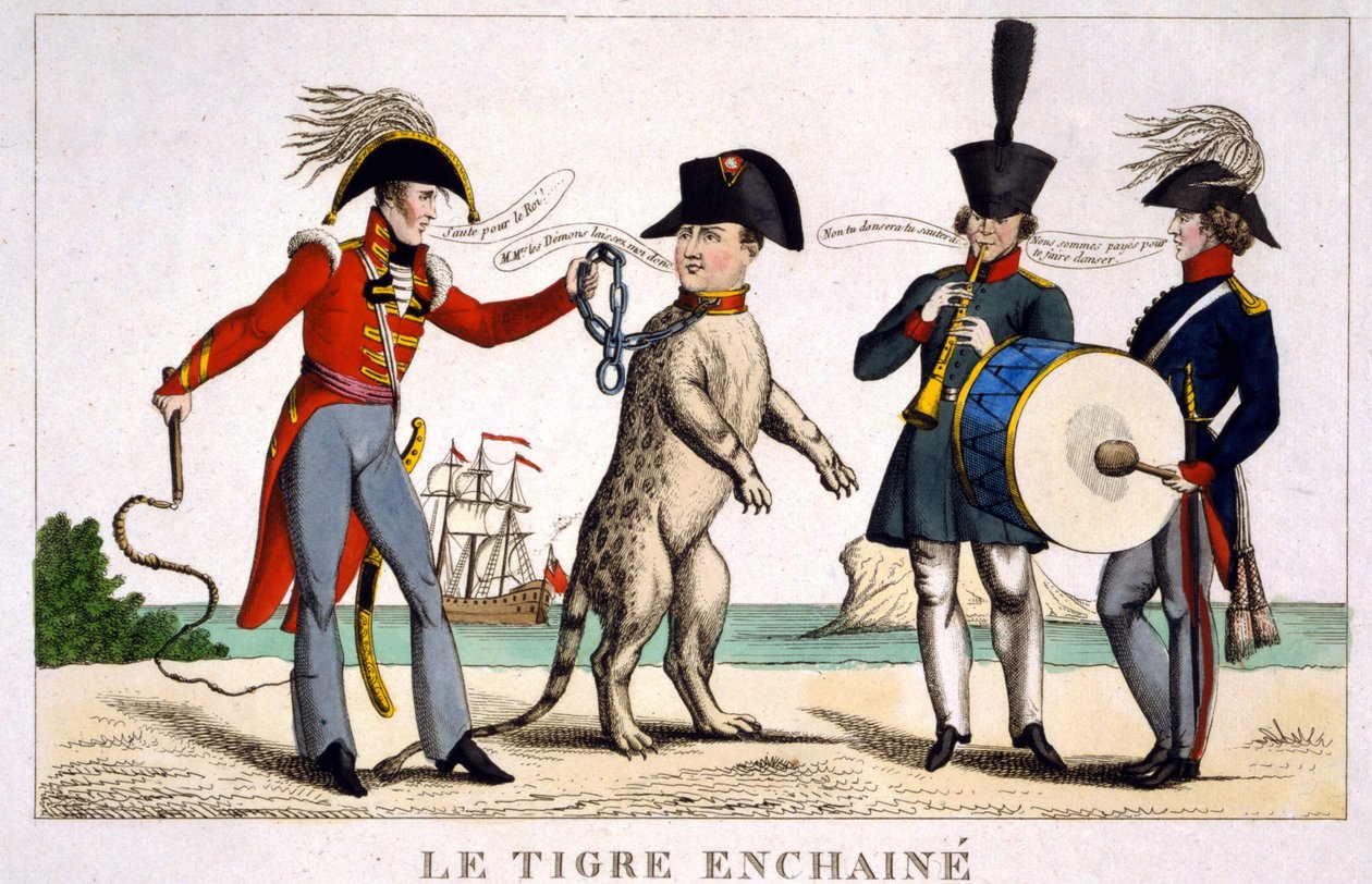 Napoléon Ier en tigre enchaîné tenu par un officier britannique avec un fouet. La Russie et l
