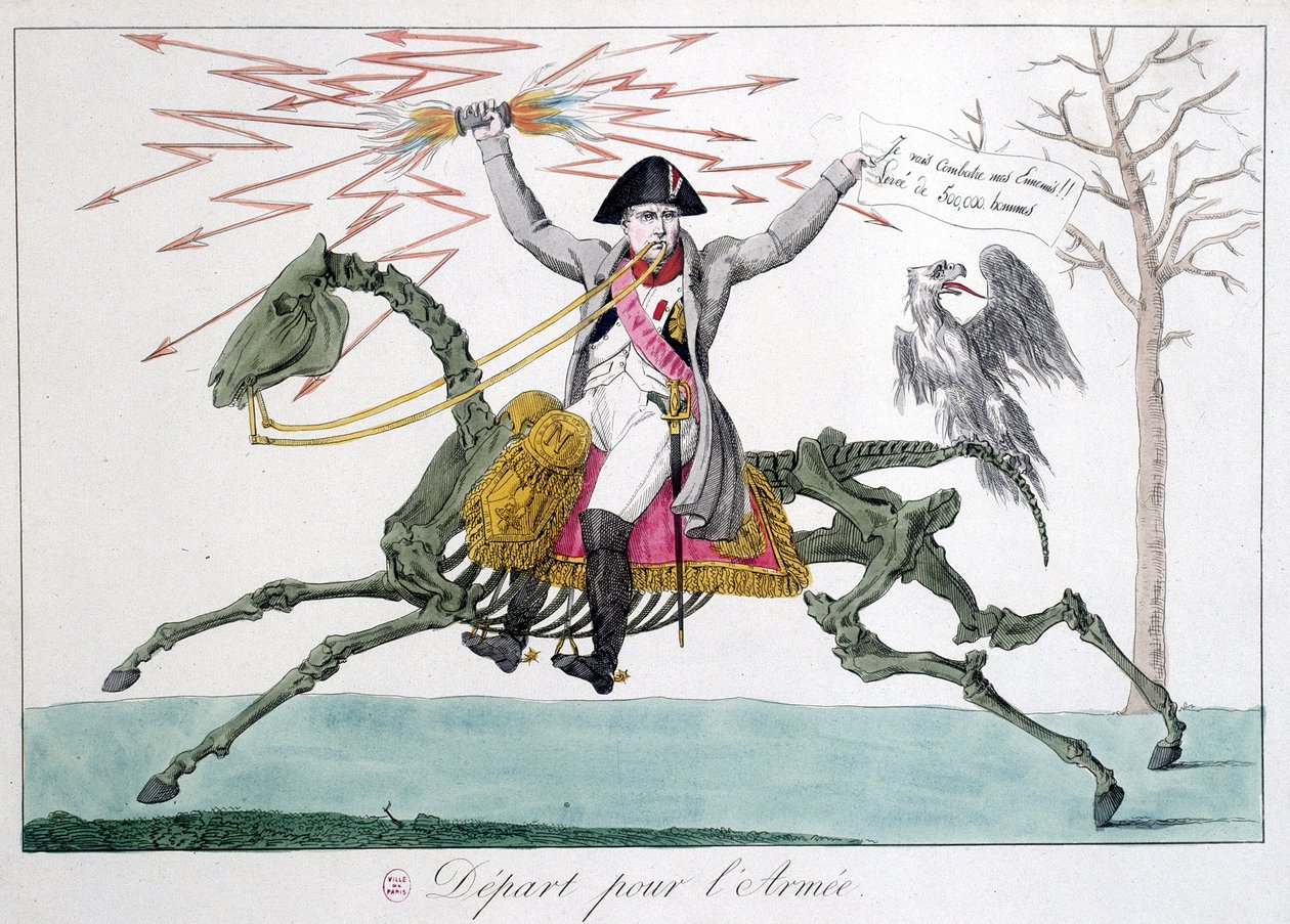 Napoléon : caricature en homme guerrier sur un squelette de cheval - dans "Napoléon 1er", collection de caricatures - Unknown artist