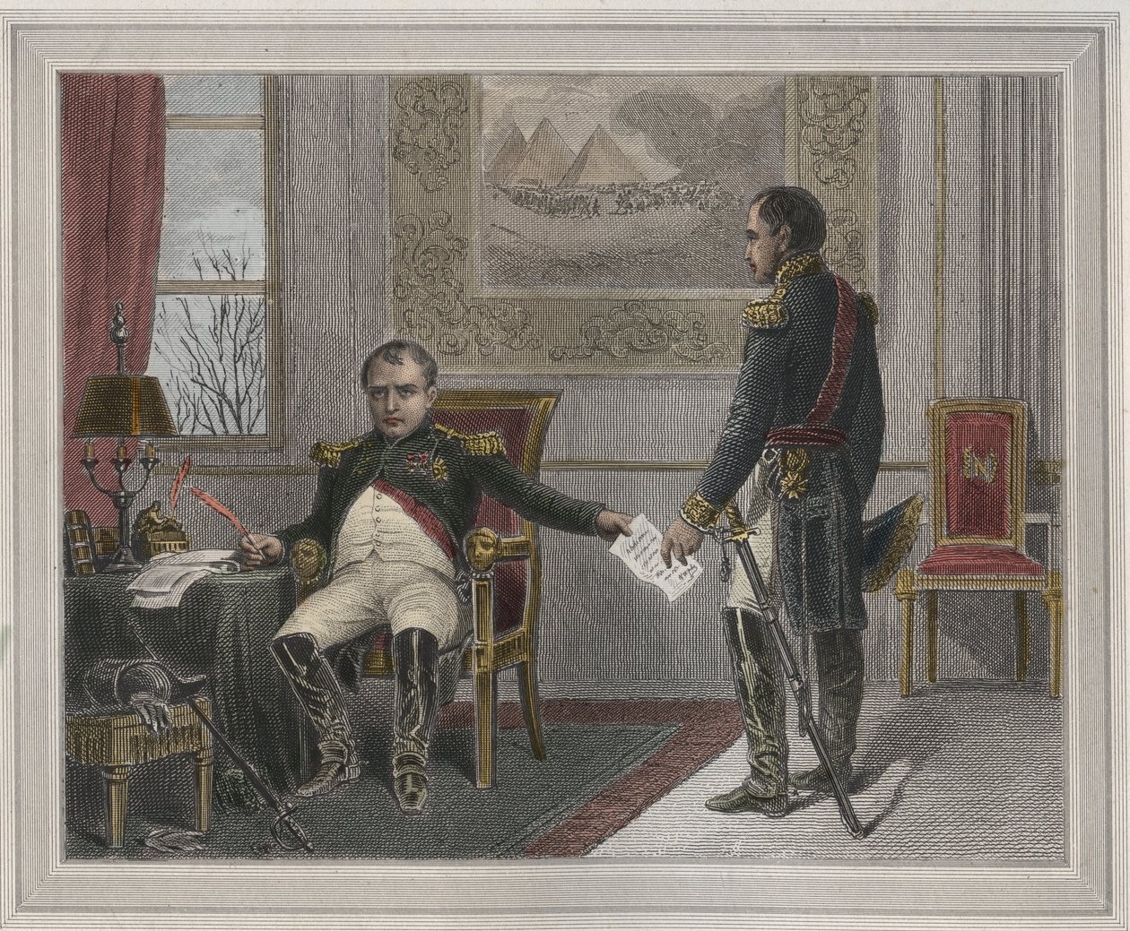 Napoléon signant son abdication 1814 - Napoléon Bonaparte (1769-1821) à Fontainebleau lors de sa première abdication, signée en avril 1814 - gravure dans "Les Fastes populaires, ou Histoire des actes héroïques du peuple et de son influence sur les sciences - Unknown artist