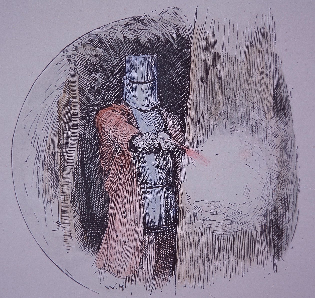 Ned Kelly portant son armure faite maison, en confrontation avec la police (gravure coloriée à la main) - Unknown artist