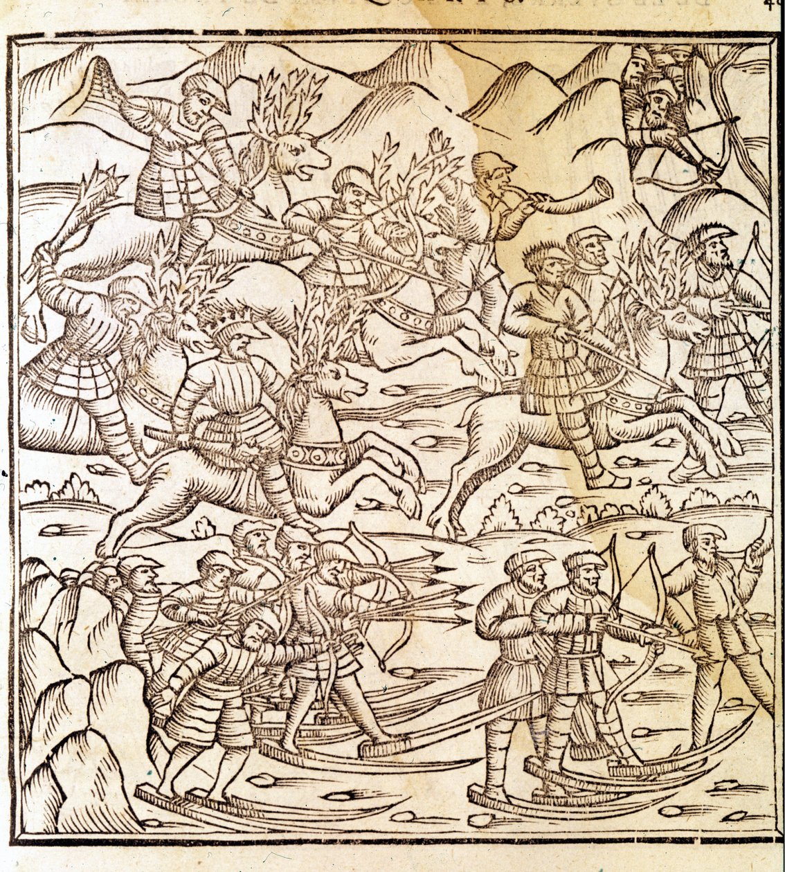 Chasseurs norvégiens voyageant sur des skis et des rennes. Gravure d