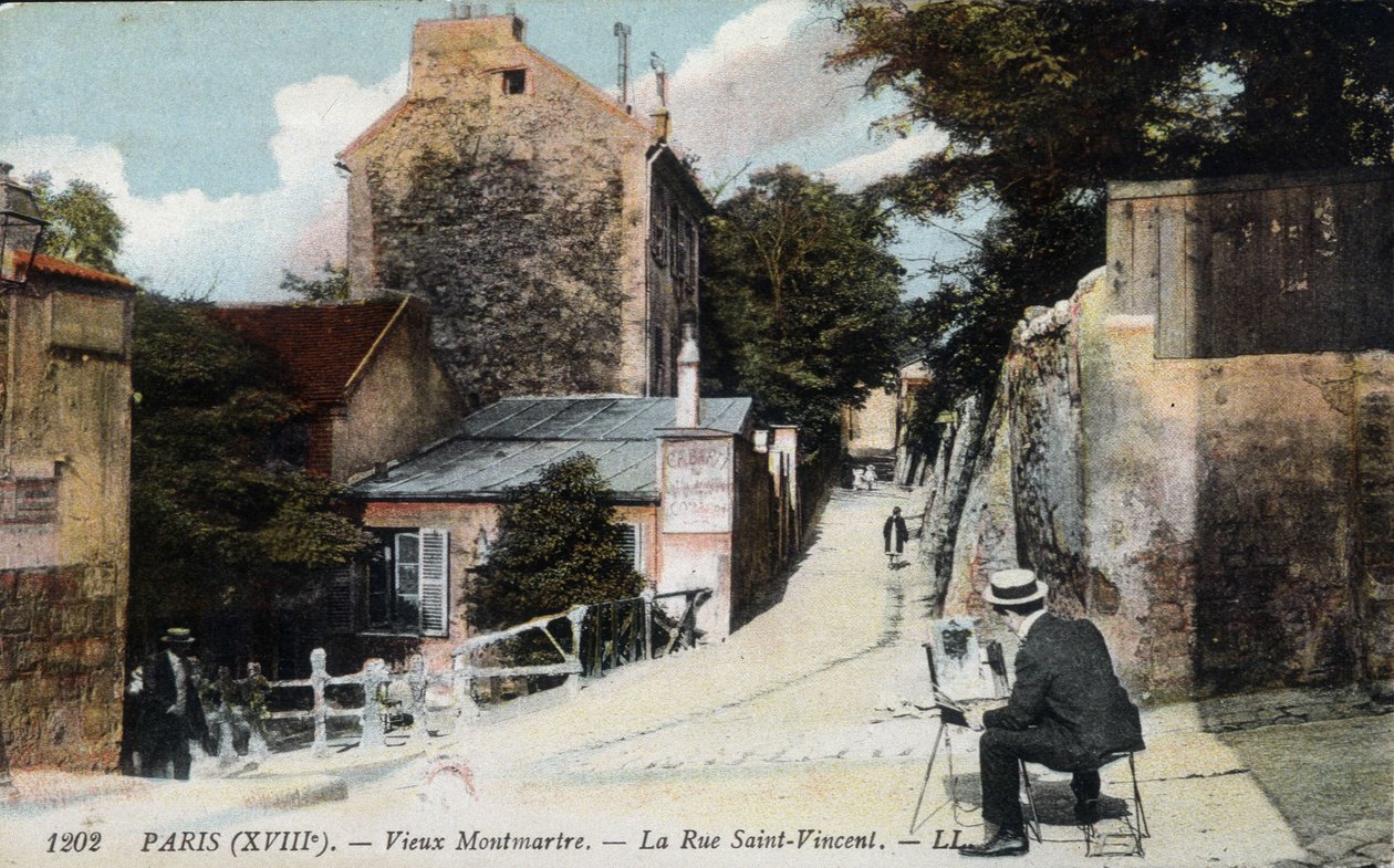 Vieux Montmartre : un peintre dans la rue St Vincent. A l