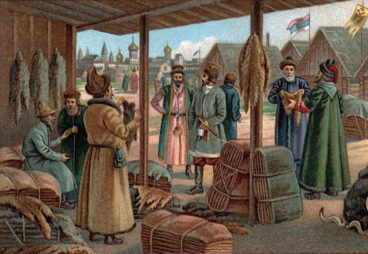 Anciens centres commerciaux : Foire aux fourrures à Novgorod (Veliky Novgorod), Russie au XIXe siècle. Chromolithographie de la fin du XIXe siècle. - Unknown artist