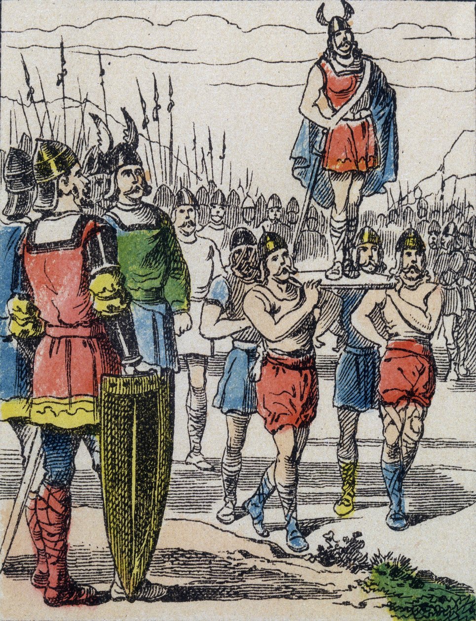 À la mort de Childéric Ier, son fils Clovis fut élu roi par les Francs Saliens qui le portèrent sur le bouclier en faisant le tour du camp (gravure) - Unknown artist