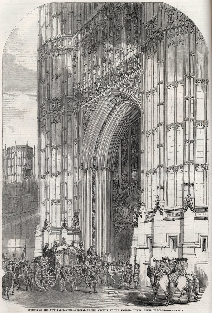 Ouverture du nouveau parlement - arrivée de Sa Majesté à la tour Victoria, Chambre des Lords 1852 - Unknown artist