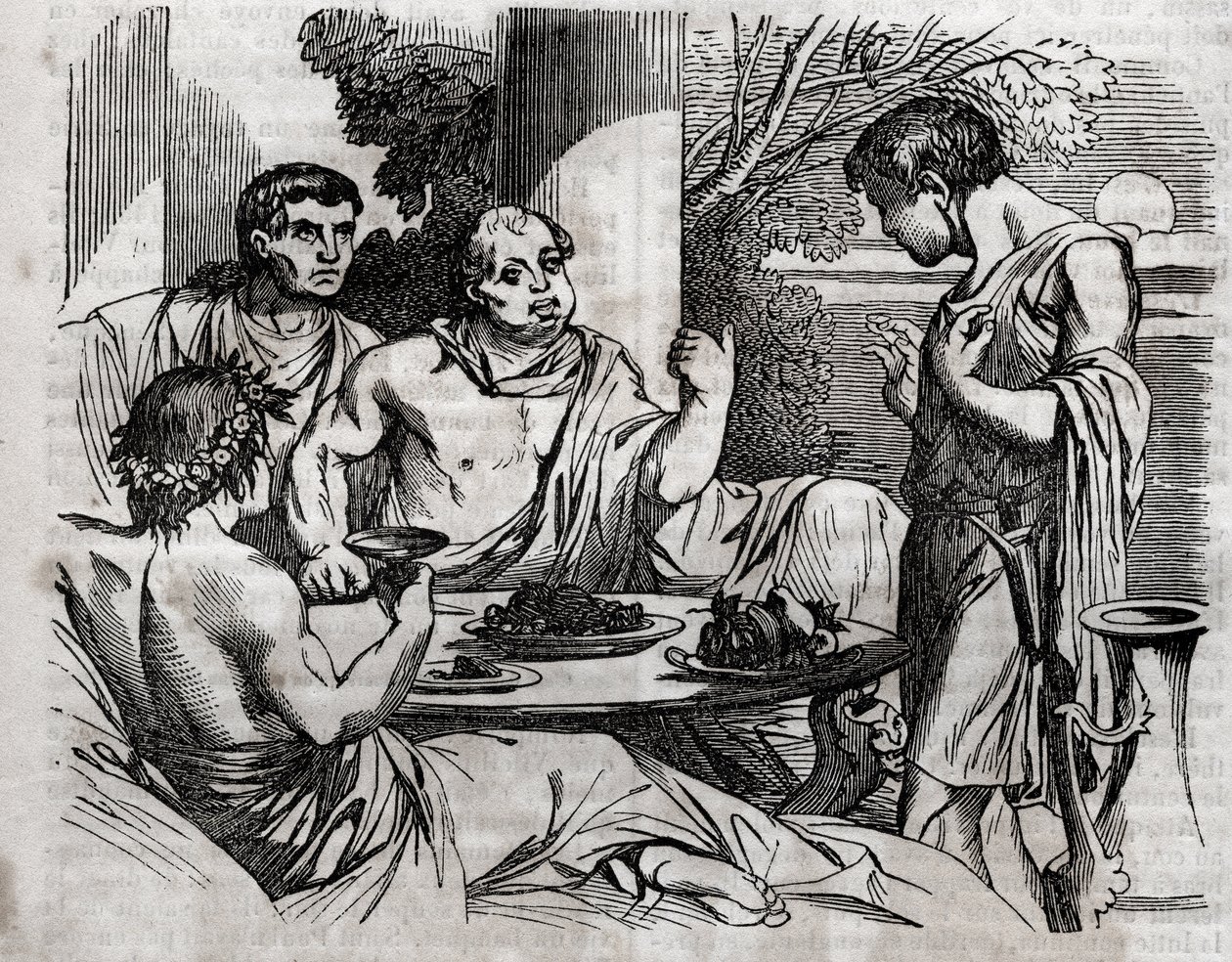 Scène de banquet en plein air - Vitellius (Aulus Vitellius Germanicus Imperator Augustus) empereur romain (15-69) donnant un festin - gravure dans « La Santé Universelle - Guide Médical pour les Familles » 1852. - Unknown artist