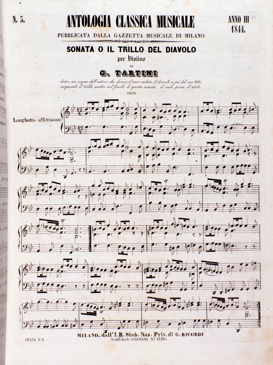 Page de partition musicale de la Sonate des trilles du diable (Il trillo del diavolo) de Tartini - Unknown artist