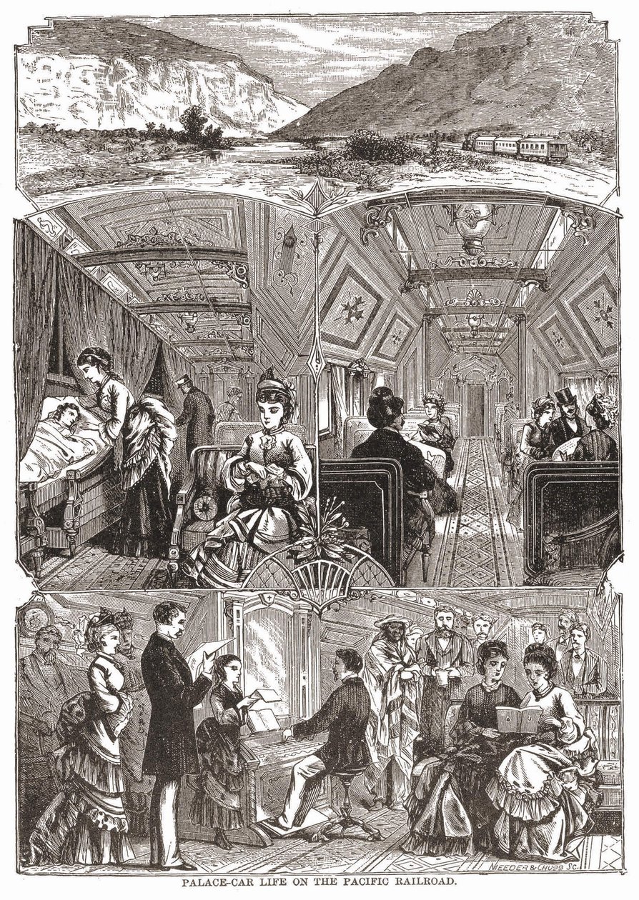 La vie en wagon-palais sur le chemin de fer du Pacifique, gravure sd. 19e siècle. - Unknown artist