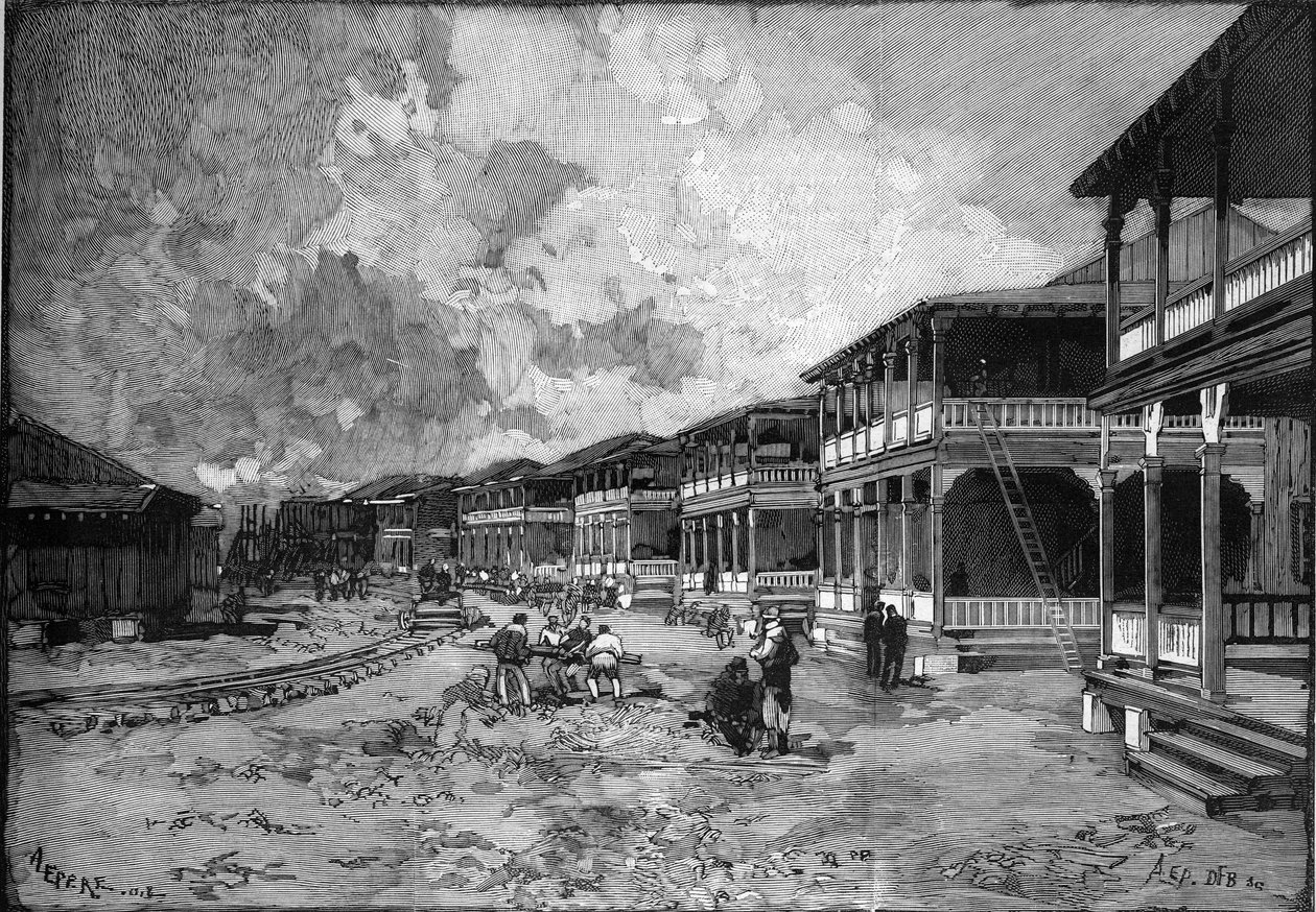 Canal de Panama. Rue de la nouvelle ville de Christophe Colomb à Colon : logements des ouvriers. Gravure dans "Le Monde Illustré" - Unknown artist