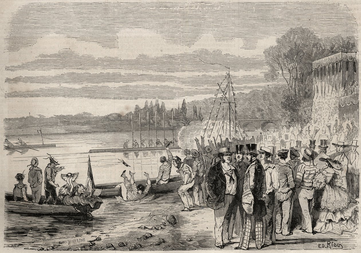 Canoéistes parisiens. Régates de Saint-Cloud en 1857. Gravure dans "Le Monde Illustré" de 1857. Collection privée. - Unknown artist