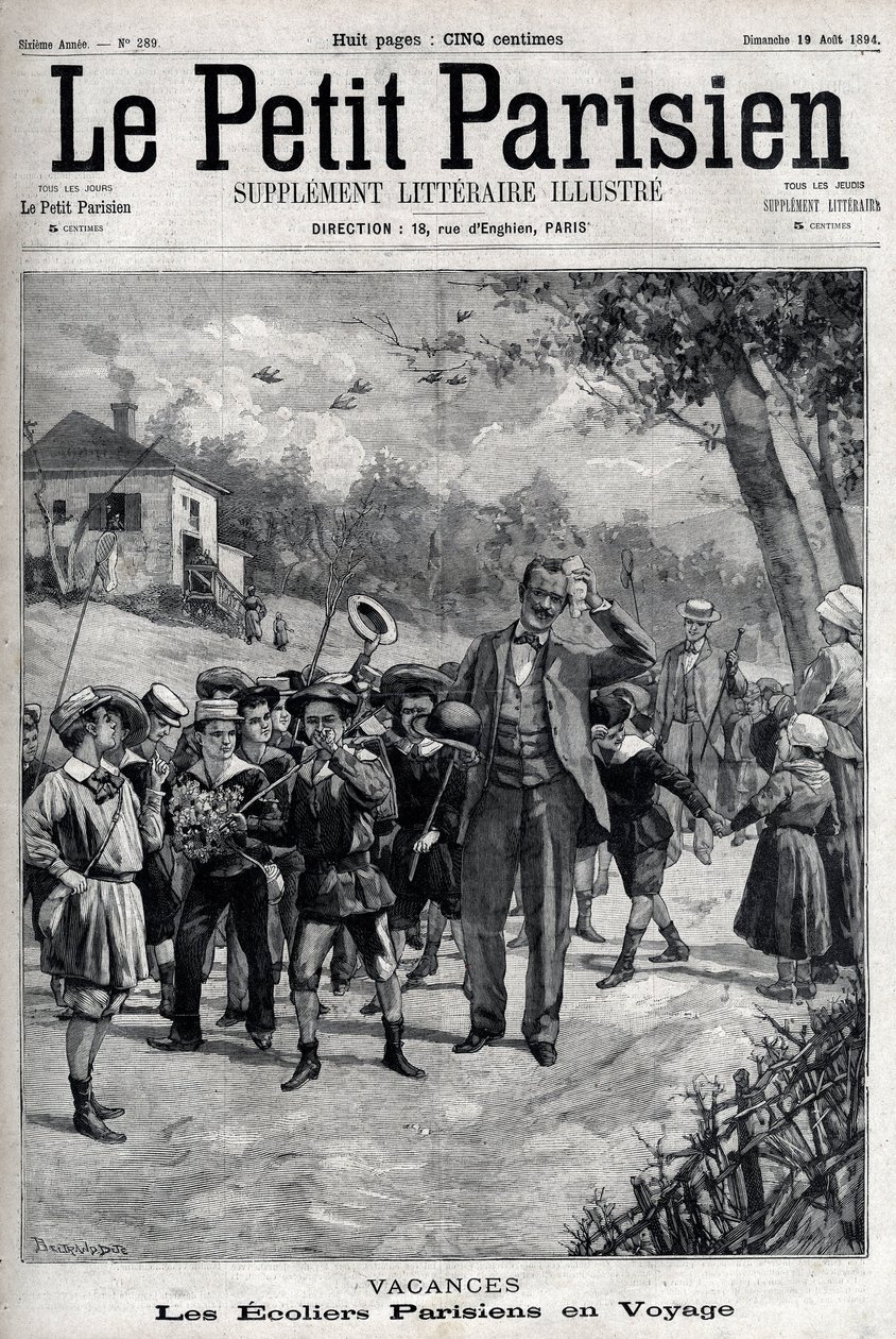 Vacances scolaires parisiennes en excursion à la campagne. Gravure dans « Le Parisien » - Unknown artist