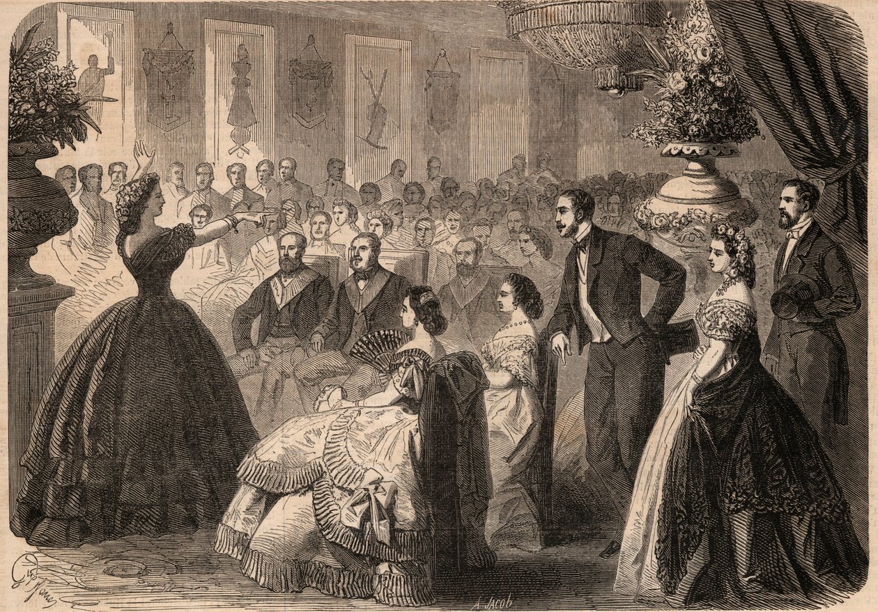 Pauline Viardot-Garcia (1821-1910), chanteuse française à la fête de charité donnée par la loge maçonnique La persévérante amitié au Grand Orient de Paris. Gravure dans Le Monde illustré de 1862. Collection privée. - Unknown artist