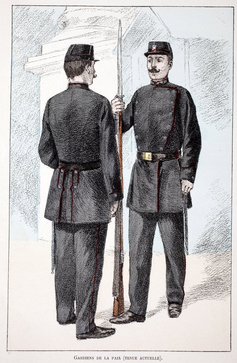 Gardiens de la paix (période Lépine). Eau-forte en couleurs, pour illustration « Histoire du corps des gardiens de la paix » livre publié sous les auspices de Louis Lépine (1846-1933) préfet de police de la Seine, par Alfred Rey (1864-?) et Louis Féron (18 - Unknown artist