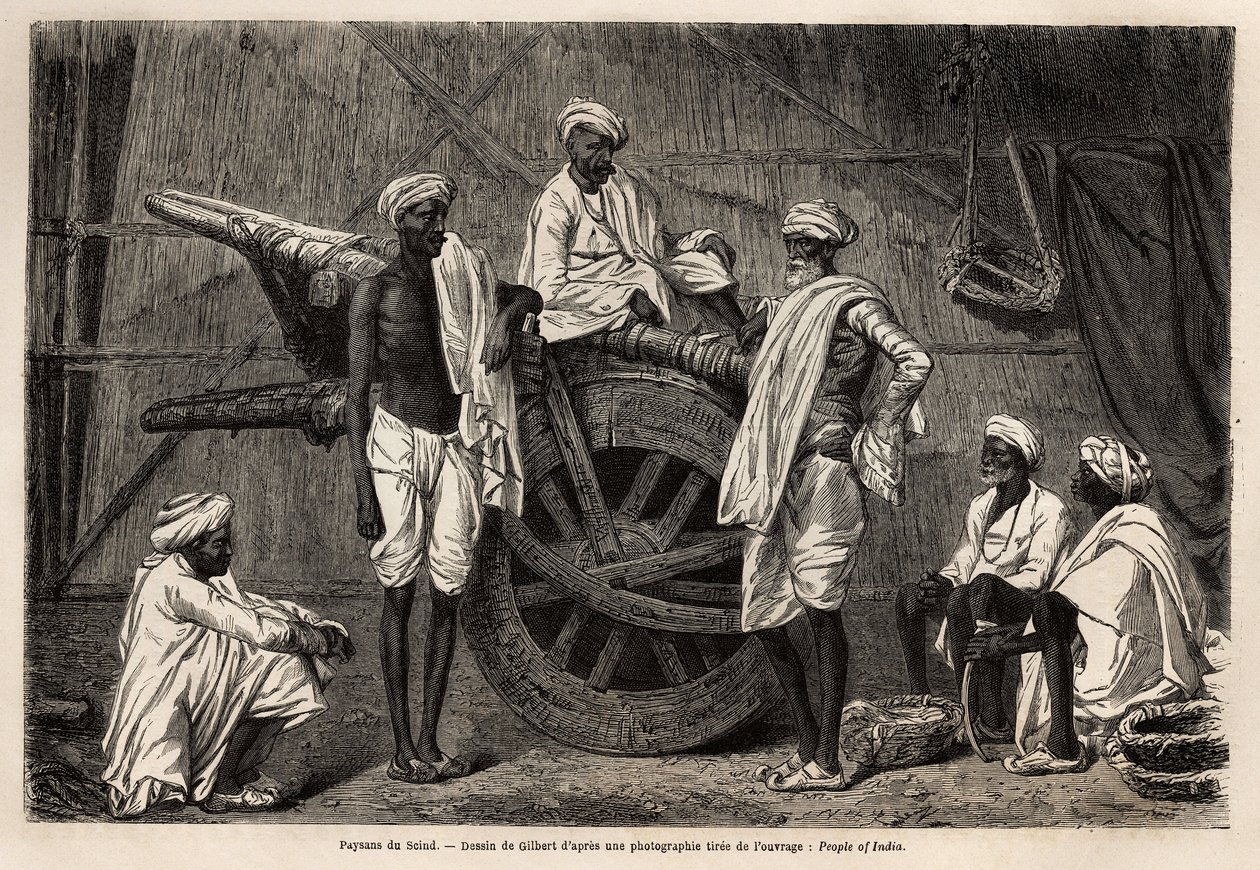 Paysans du Scind (région du Pendjab, Inde), à côté de leurs machines agricoles. Gravure pour illustrer le voyage au Pendjab et au Cachemire, récit par Guillaume Lejean, en 1866, publié dans « Le tour du monde, nouveau journal des voyages » - Unknown artist