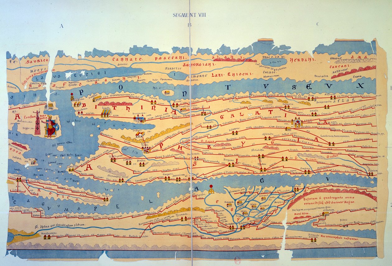 Table de Peutinger représentant les voies romaines en Égypte et en Turquie. Carte routière du XIIIe siècle basée sur une carte de l