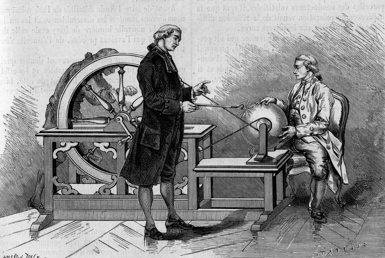 Expérience de physique au XVIIIe siècle : lueur produite par une machine électrique. Gravure dans « La Nature : revue des sciences et de leurs applications aux arts et à l