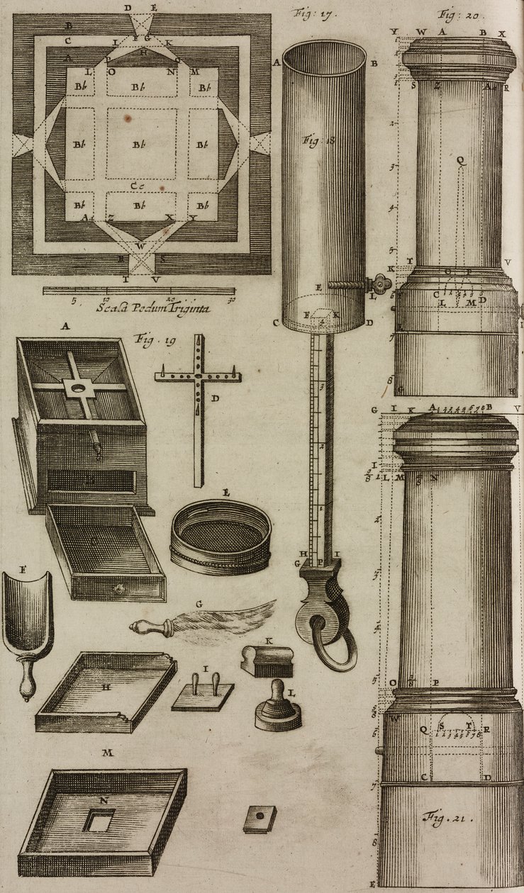Plan de la poudrière et des outils de préparation et de stockage de la poudre à canon, gravure tirée du Grand Art d