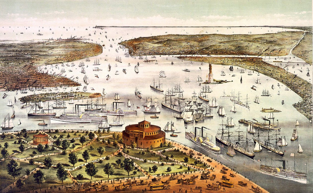 Port de New York; vue aérienne. Gravure v. 1892. - Unknown artist
