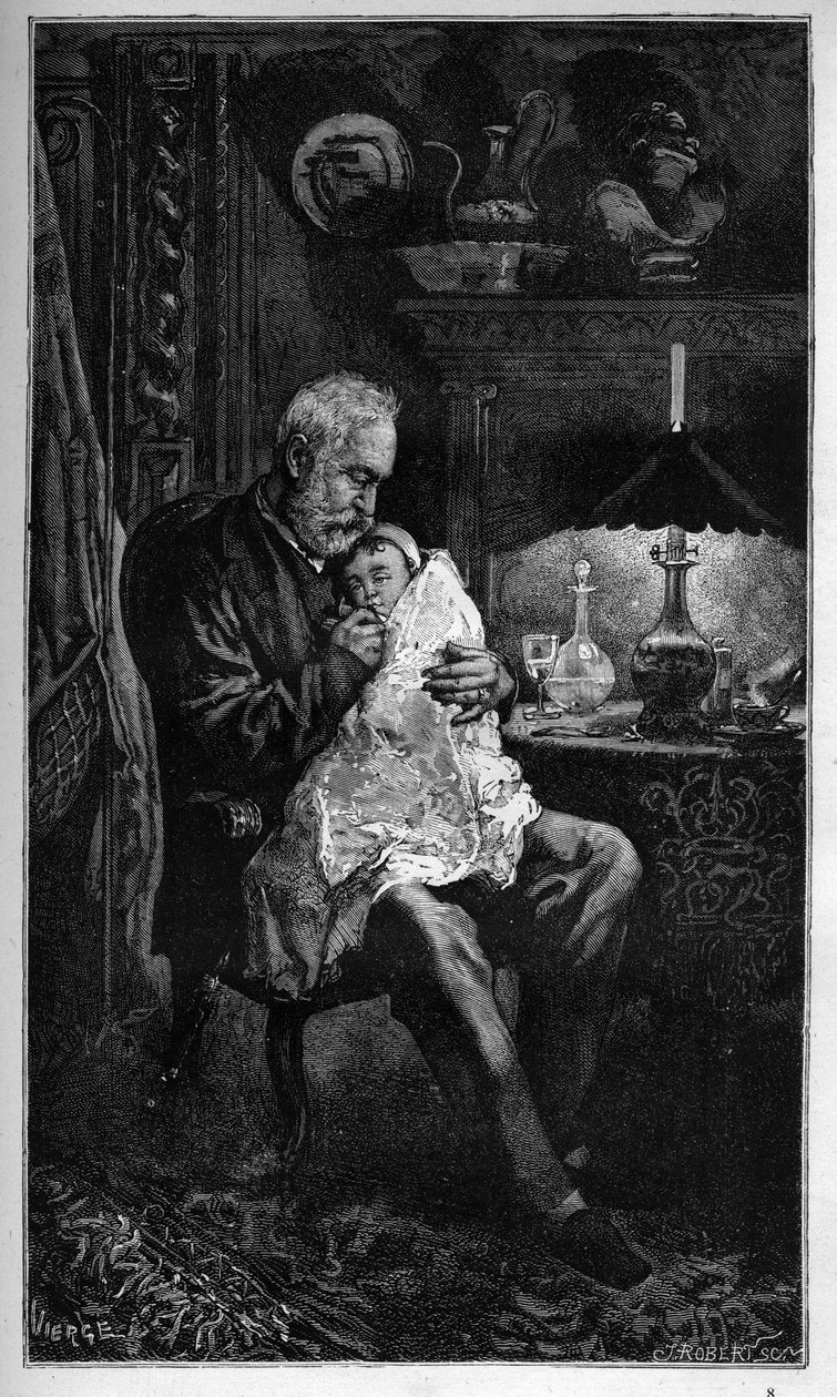 Portrait de Victor Hugo, assis avec sa petite-fille Jeanne - gravure de « L