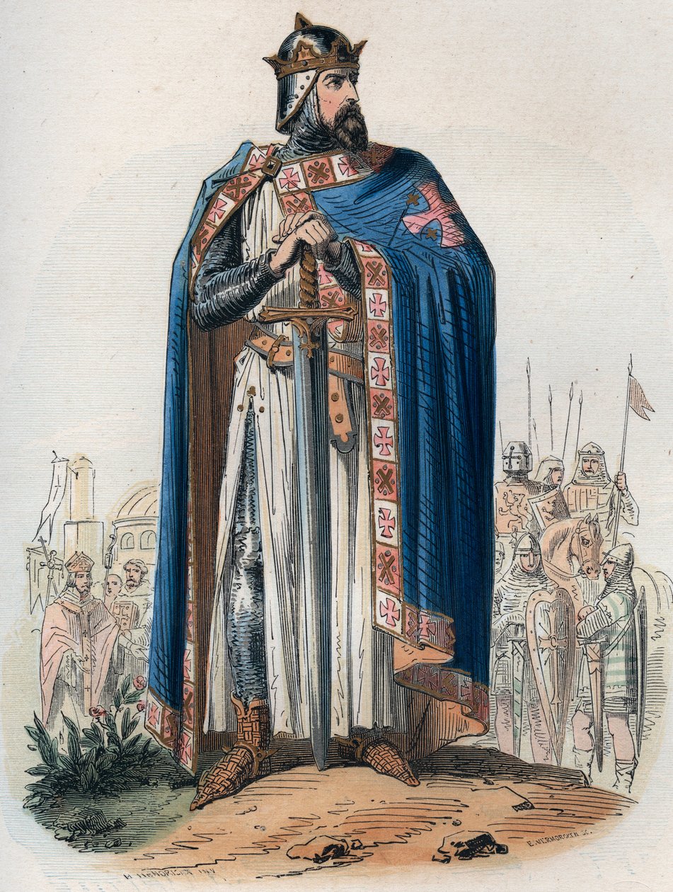 Portrait de Godefroy de Bouillon (1061-1100) en costume de croisé. Gravure de 1868 dans "Histoire de Belgique depuis les temps primitifs jusqu