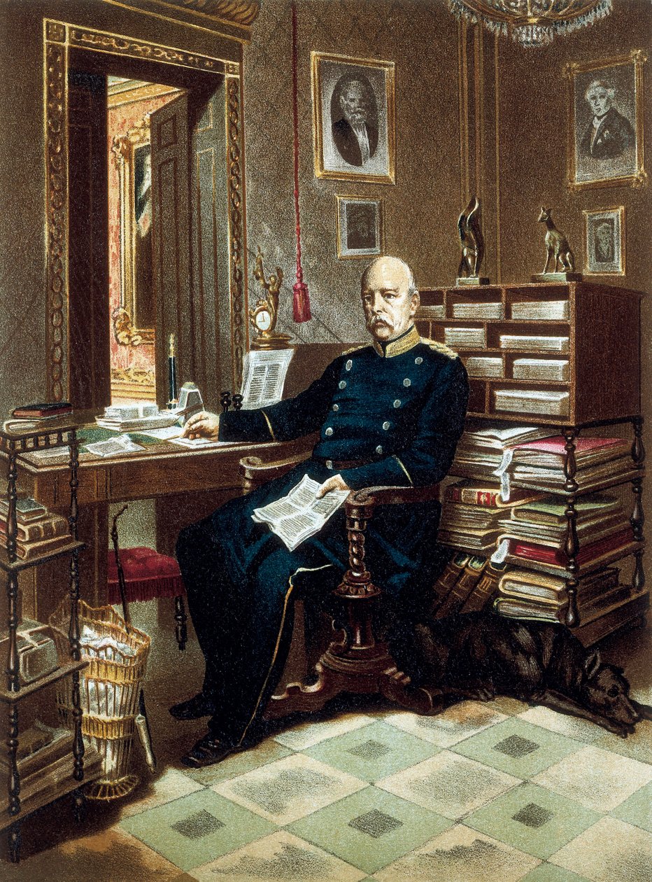 Portrait du prince Otto von Bismarck (1815-1898), chancelier et homme politique prussien, dans son bureau. Lithographie en couleur - Unknown artist