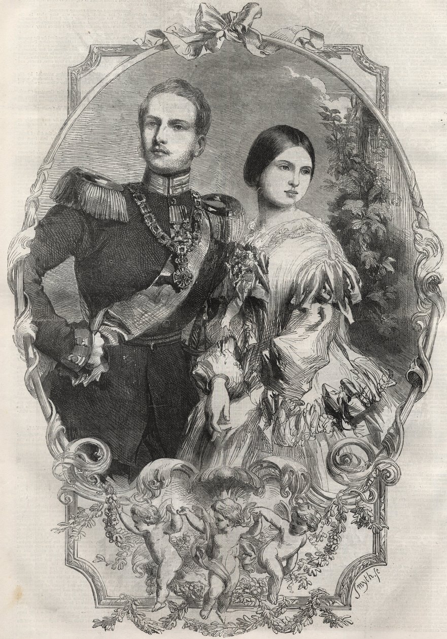 Portrait de leurs altesses royales la princesse Victoria (reine Victoria) et le prince héritier Frédéric-Guillaume de Prusse. Gravure de 1858. - Unknown artist