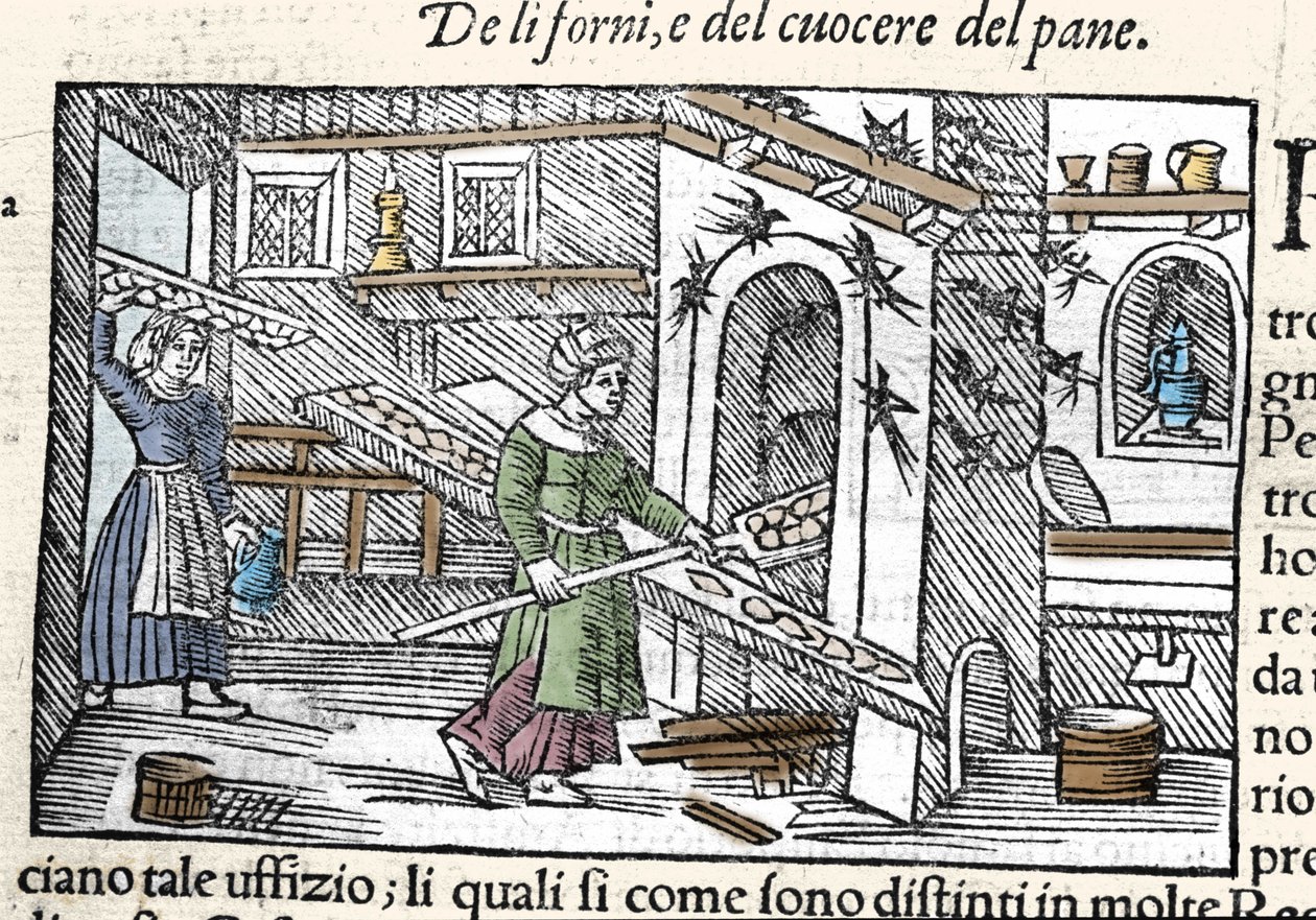 Préparation et cuisson du pain dans un four. Gravure par Olaus Magnus (1490-1557), religieux et géographe suédois, « Historia de Gentis Septentrionalibus », Venise - Unknown artist