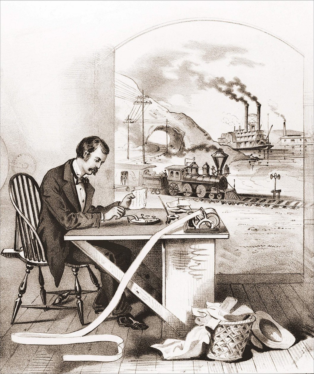 Progrès du siècle (19e siècle) : Télégraphie Morse, bateau à vapeur, train, etc. Gravure du 19e siècle - Unknown artist