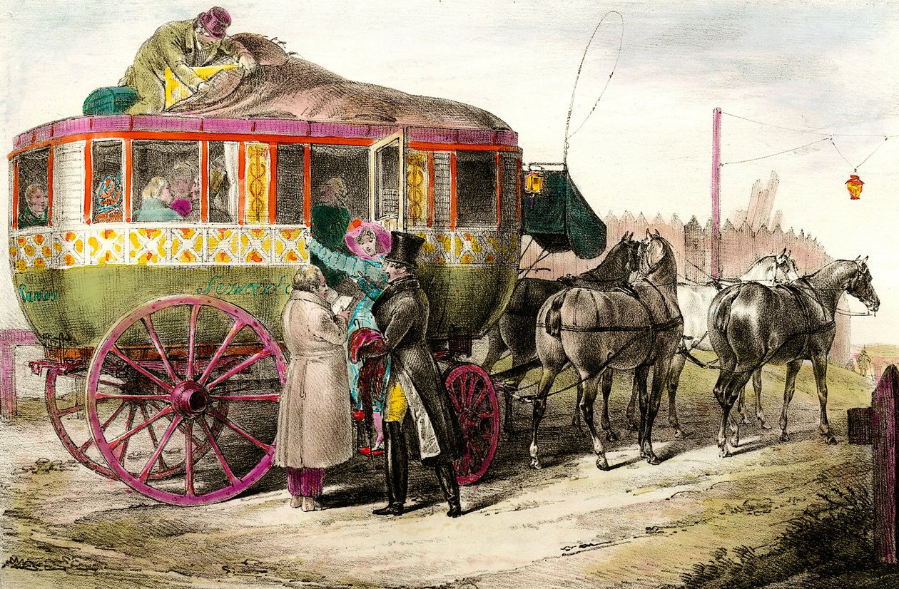 Transport public : passagers entrant dans la diligence parisienne. Gravure du XIXe siècle Collection privée - Unknown artist