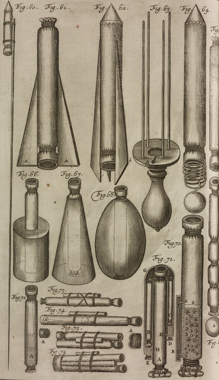 Fusées et instruments pyrotechniques, gravure tirée du Grand Art d