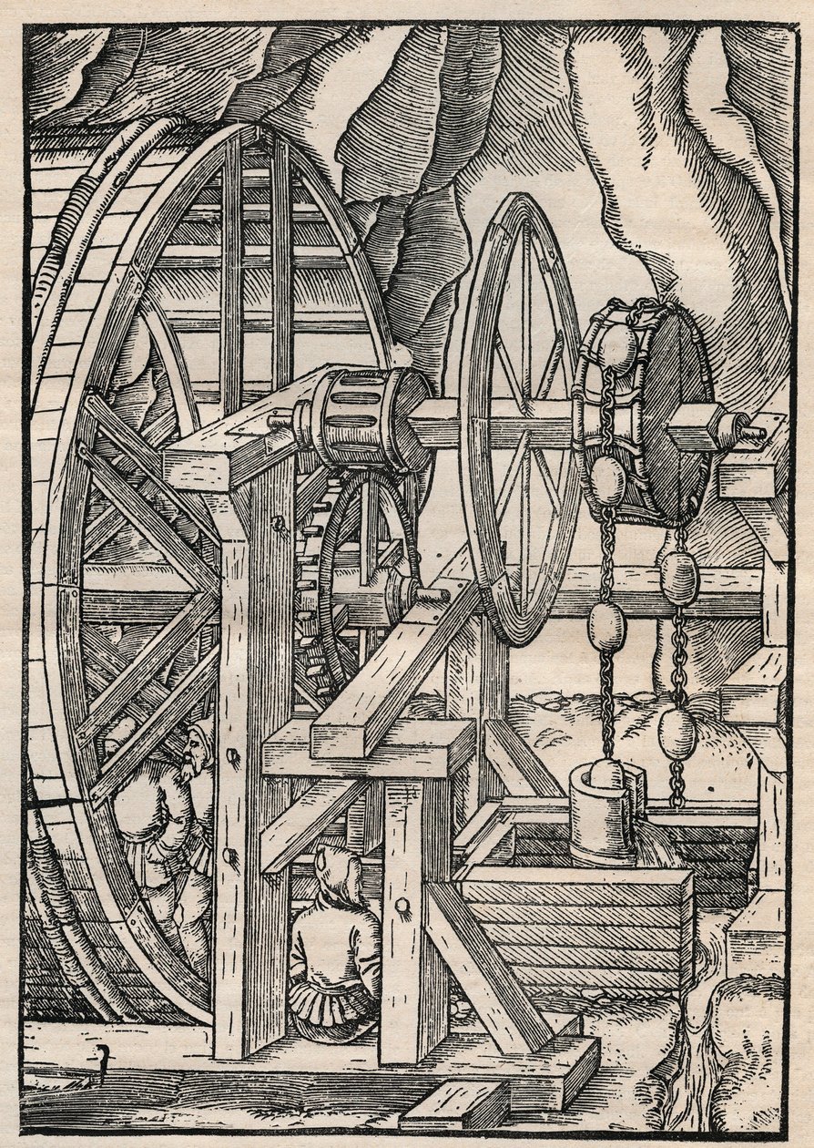 Pompe à chaîne et à godets pour drainer une mine opérée par des hommes sur une roue à aubes. De Agricola (George Bauer) De re metallica, Bâle - Unknown artist
