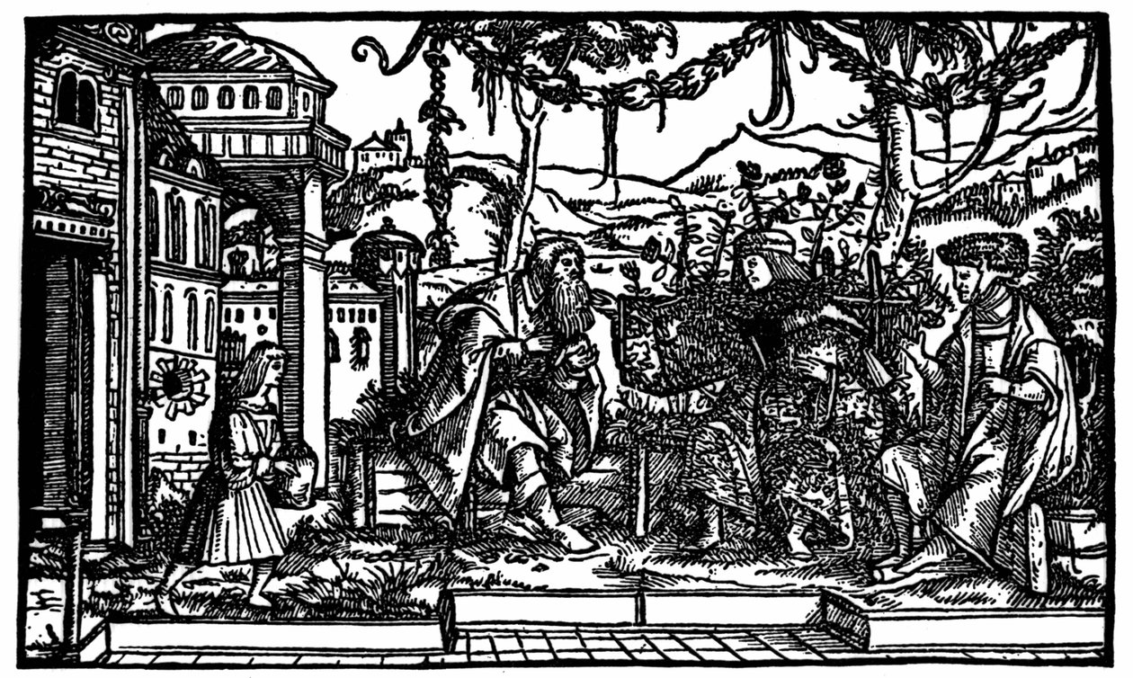 Raphaël Hythlodée, un voyageur qui a passé cinq ans en Utopie, raconte à Thomas More et Pierre Gilles son voyage. Xylographie publiée dans l