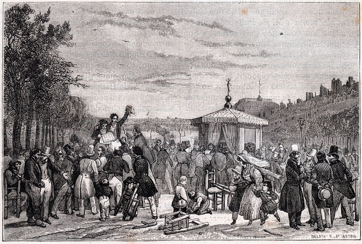 Lecture des prescriptions dans Le Moniteur, au jardin du Palais-Royal, le 26 juillet 1830 à 7 heures du soir - Unknown