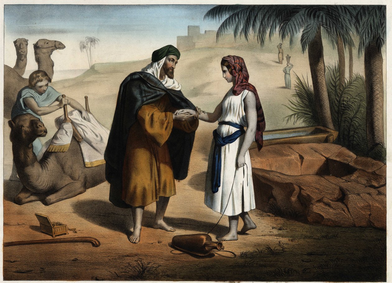 Rebecca et Éliézer au puits : Éliézer de Damas, chargé de trouver une épouse pour Isaac en Mésopotamie, ramène Rebecca. Gravure anonyme du 19ème siècle - Unknown artist