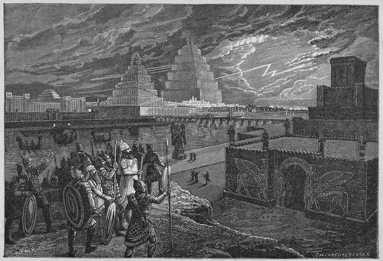 Reconstruction des temples et palais le long du fleuve de Babylone - Mésopotamie : reconstruction de la ville de Babylone, construite sous le règne du roi Nabuchodonosor II. - Unknown artist
