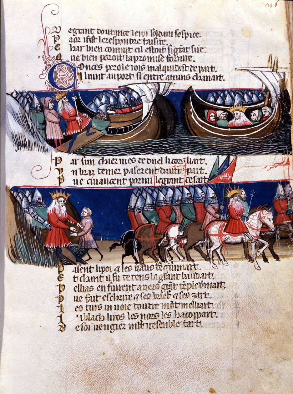 Représentation de Charlemagne (742-814) lors de ses conquêtes : il navigue sur un navire et guide ses armées. Miniature du manuscrit franco-italien « Entrée d
