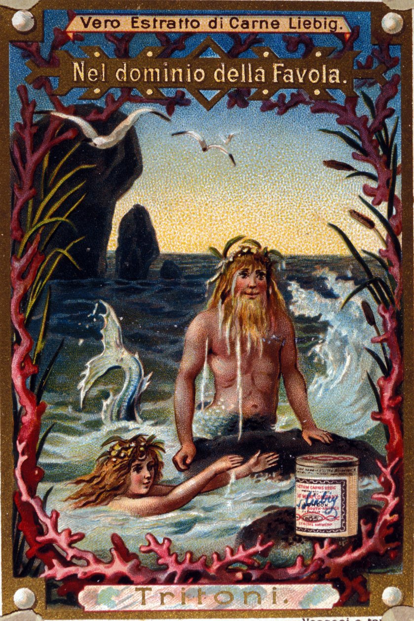 Représentation de tritons, créatures légendaires mi-homme mi-poisson. Chromolithographie du 19ème siècle - Unknown artist