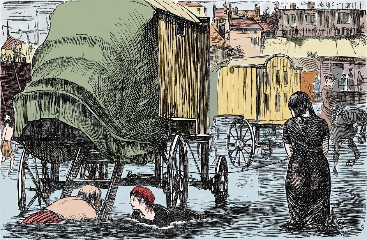 Représentation de la cabine de bain inventée en 1750 par Benjamine Beale : les femmes à l