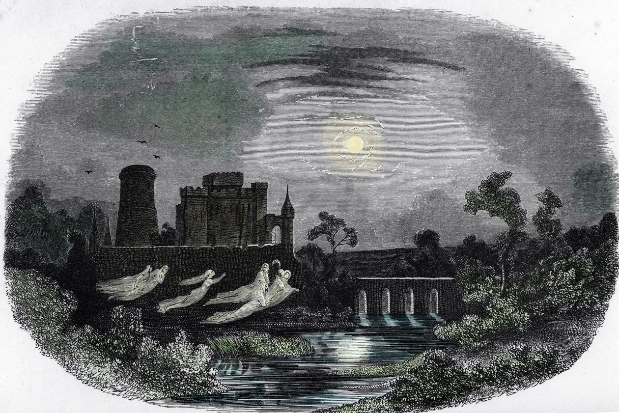 Représentation des fantômes des anciens seigneurs de Blandy volant autour des murs du château, Blandy-les-Tours, Seine-et-Marne - Unknown artist