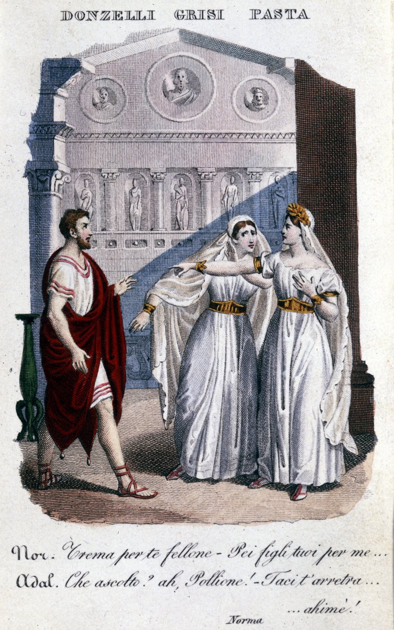 Représentation des interprètes de la première représentation de « La Norma » par Vincenzo Bellini (1801 - 1835) : de gauche à droite Domenico Donzelli (Pollione), Giuditta Grisi (Adalgisa) et Giuditta Pasta (Norma). 1833. - Unknown artist