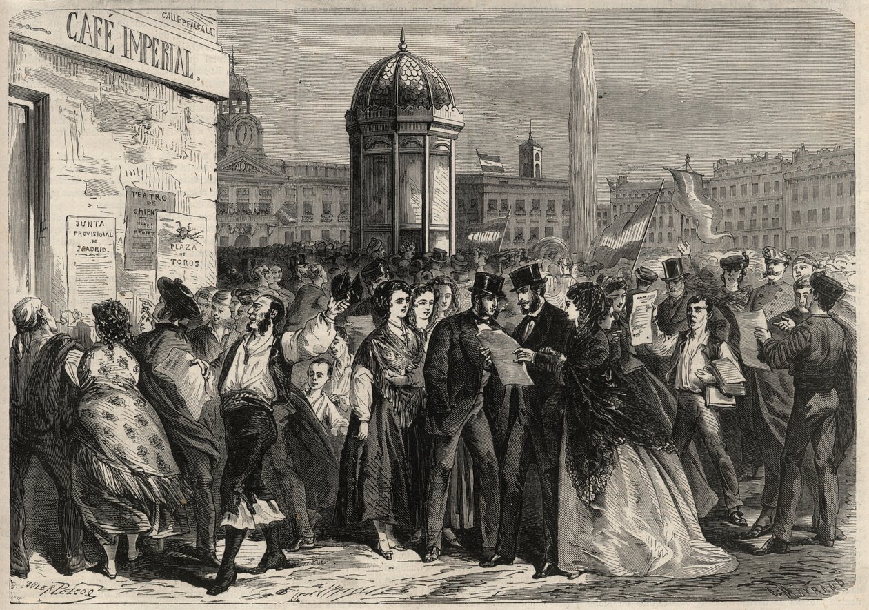 Révolution de septembre 1868 en Espagne (Gloriosa) : lecture du manifeste de la junte, dans la rue d
