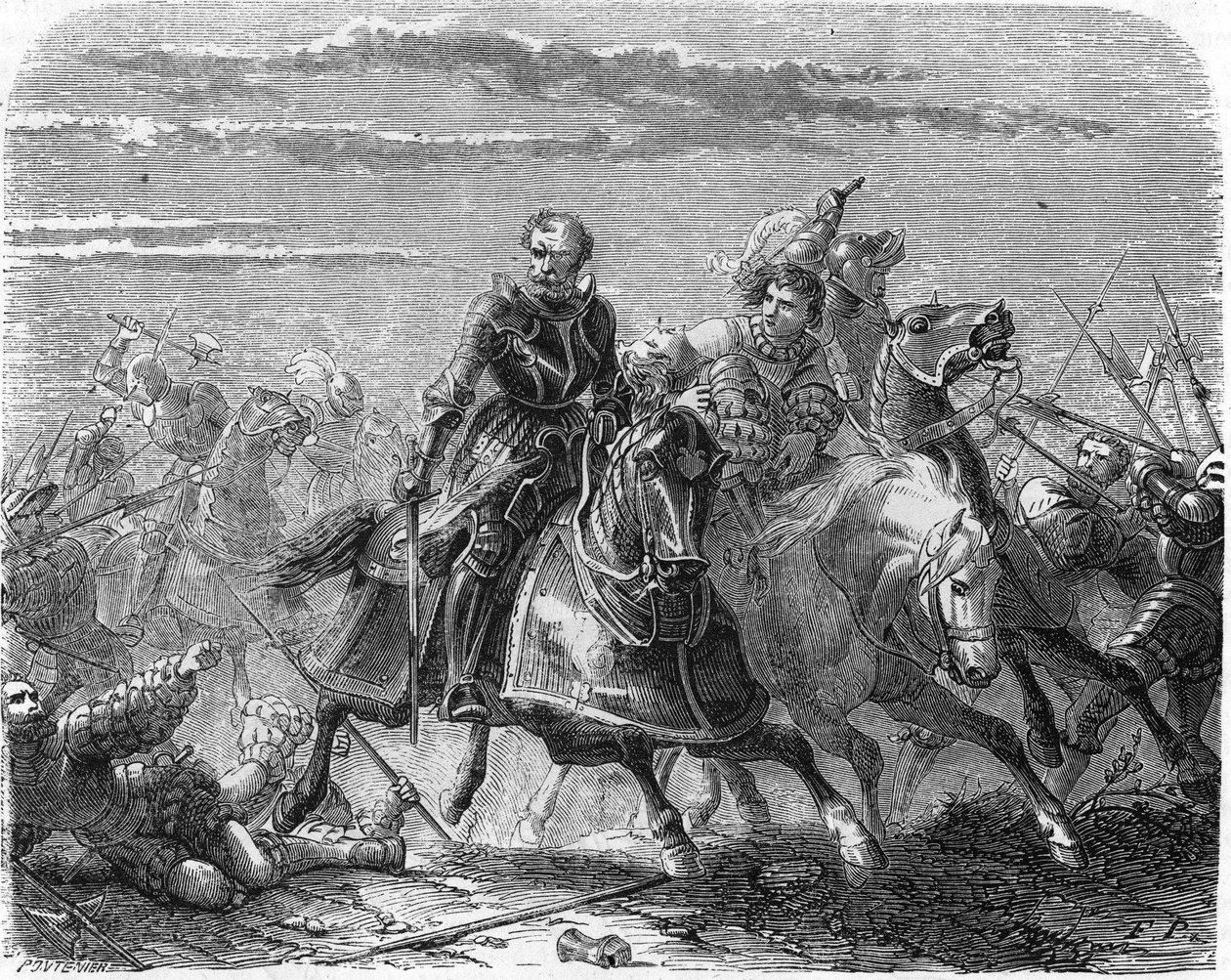 Robert de la Marck des Lansquenets, emportant le corps de son fils des Suisses. Gravure du 19ème siècle - Unknown artist